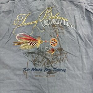 Tommy Bahama Shirt Mens Large Blue Silk Legendary Lures Fishing Embroidered Camp